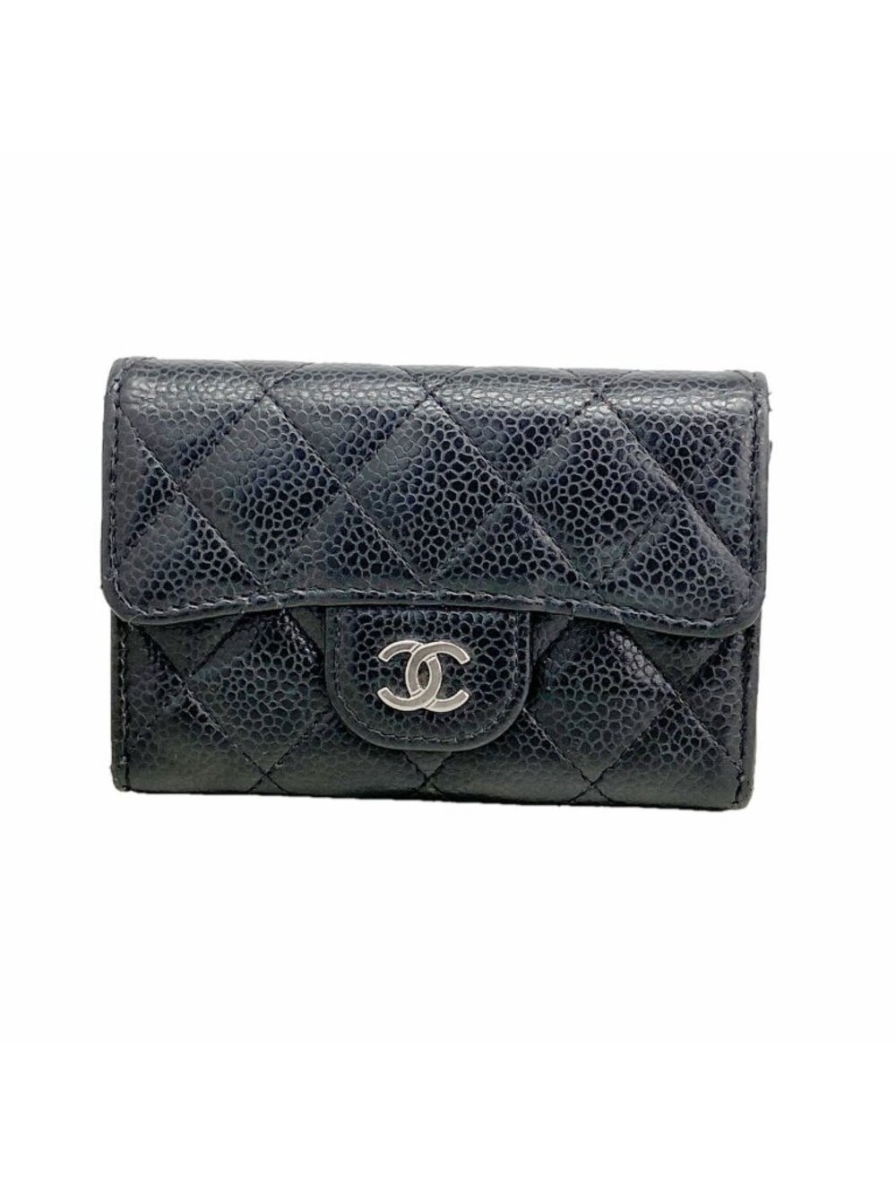 Chanel Card Case Quilted Caviar Leather Black Silver